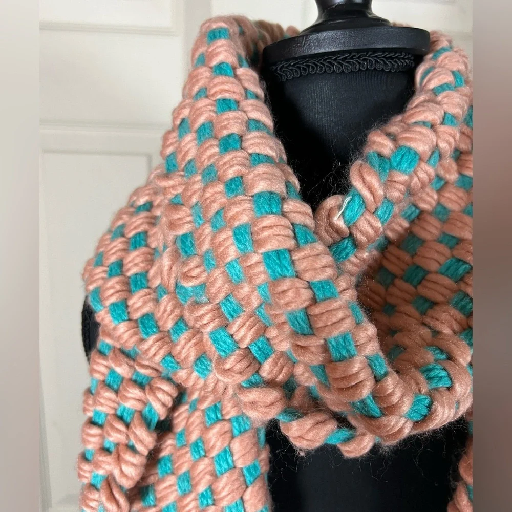 Anthropologie Woven Knit Scarf in Teal and Peach - Picture 2 of 3